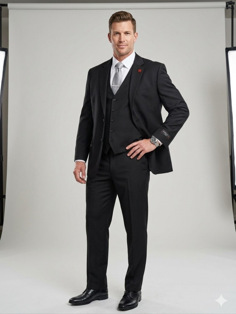 Classic Men's Black Three-Piece Suit with Waistcoat